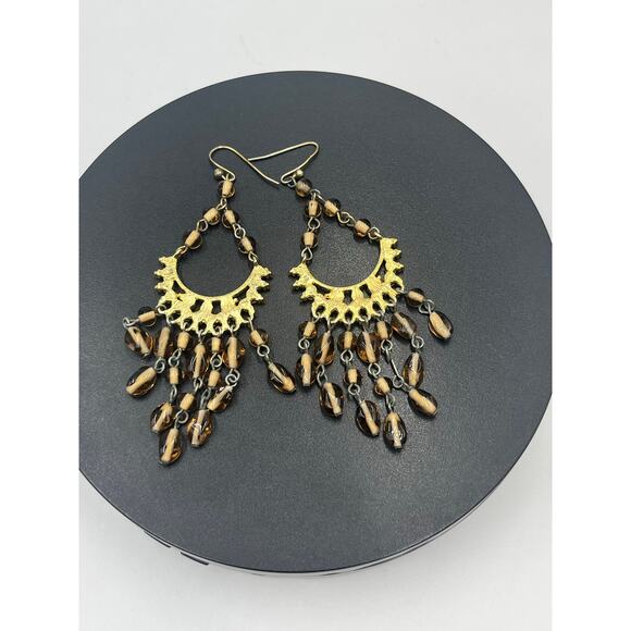 Gold-tone Chandelier Earrings featuring Faceted Amber Brown Glass Beads - Picture 4 of 6